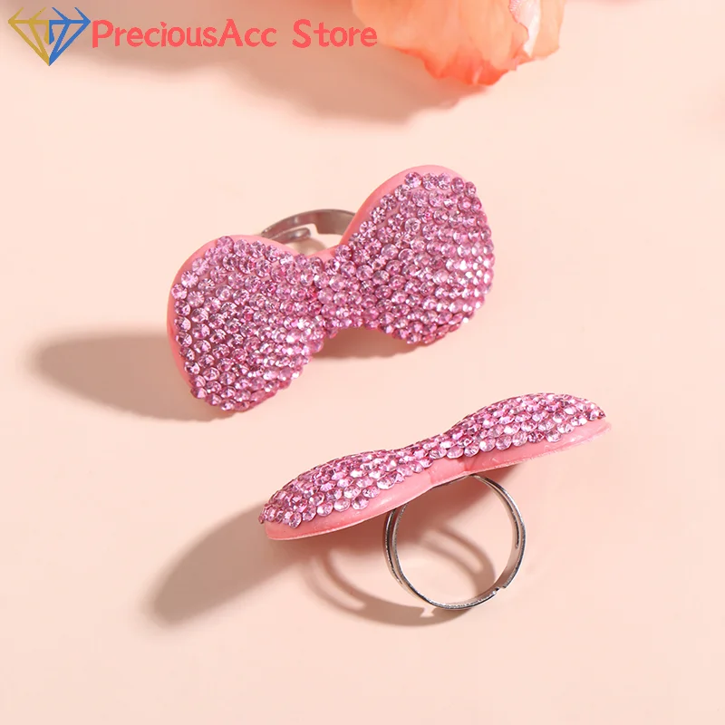 Y2K الحلو لامعة الوردي القوس حلقة مفتوحة للفتيات النساء موضة حجر الراين خواتم الاصبع العصرية بيان مجوهرات هدايا #4