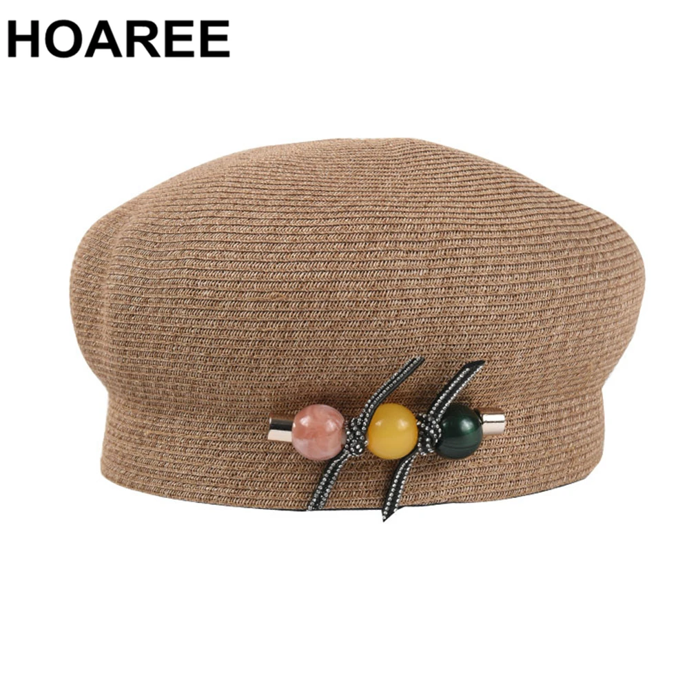 HOAREE Vintage Straw Hat  Women Summer  Hats French Beret Gray Khaki Black Candy Bead Decoration Ladies Painter Cap