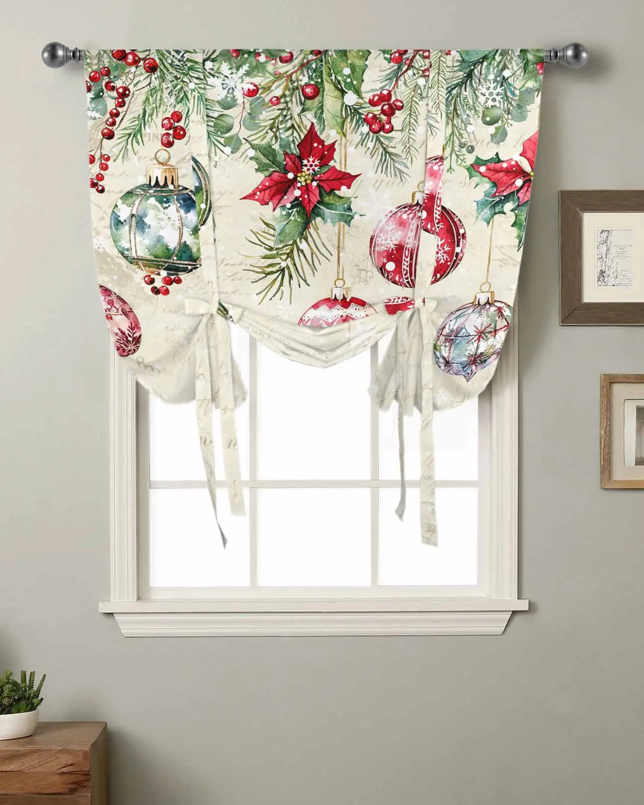 Poinsettia Berries Christmas Balls Snowflakes Short Balloon Curtain Tie Up Valance Home Bedroom Kitchen Decor Window Curtain