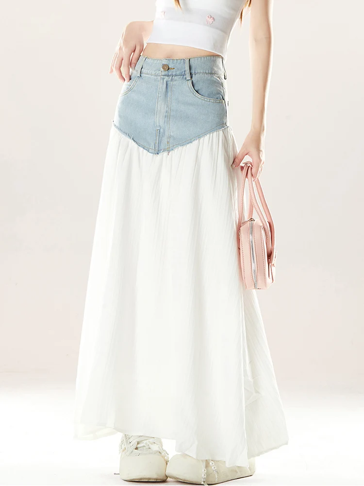 

ENJOG Sweet And Spicy Irregular Splicing Denim Skirt Women's Summer New Design Slimming Versatile Midi Skirt
