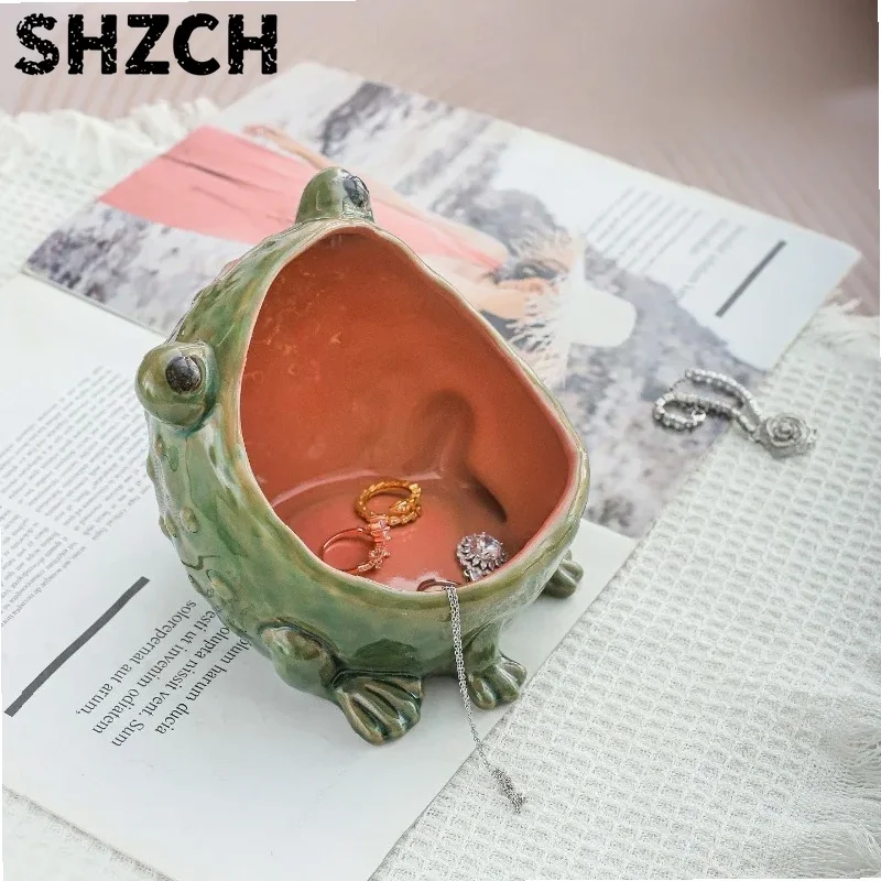 Ceramic Frog-shaped Plate, Large-mouth Ring Holder, Animal Ornament Tray, Desktop Decoration