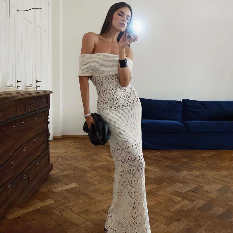 

Tornova One Shoulder Hollow Knitwear Dress Women's High Waist Slim Rib Knitted Long Dress Elegant Sexy Club Party Clothes Female