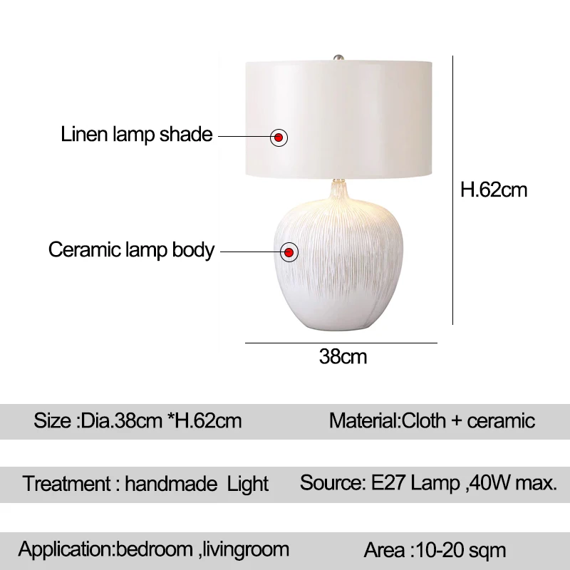 Vintage Ceramic Table Lamps Wabi-sabi Series Linen Lampshade White Retro E27 Led Desk Light For Living Room Bedroom Style