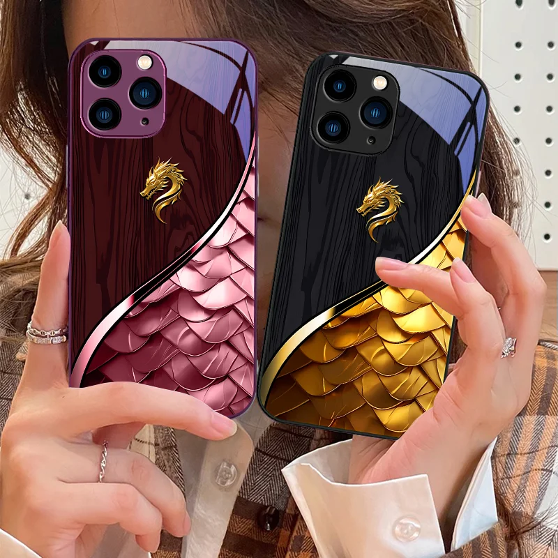 Black Tempered Glass phone case for iPhone 15 Pro 14 13 12 Mini 11 XS Max XR 7 8 Plu SE 2020 2022 Wood Grain Dragon Scale Red