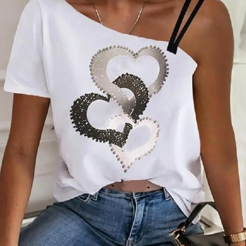 Irregular Love Print Short Sleeve Top Chic Fashion Summer Daily High Style Casual Sexy Asymmetry Form-fitting