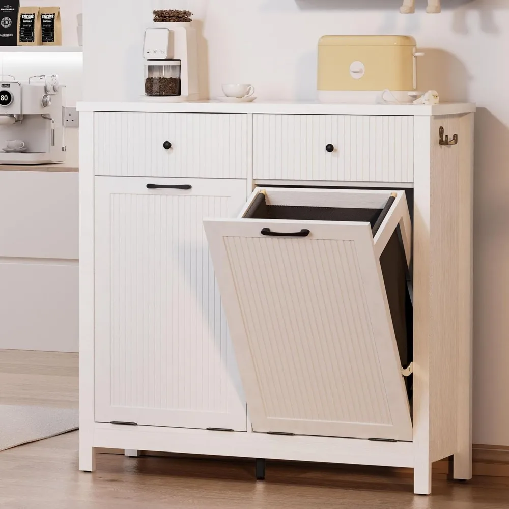 خزانة سلة الغسيل مع سلة مهملات قابلة للإمالة وسلة تخزين، طراز مزرعة سعة 10 جالون، تصميم حبوب خشبية مخفية