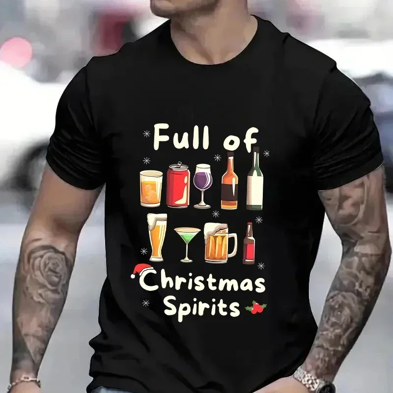

Funny Christmas Party T-Shirt Full of Spirits Tees Merry Xmas Drinking Gift for Men Clothing Casual Short Sleeve TopsCX