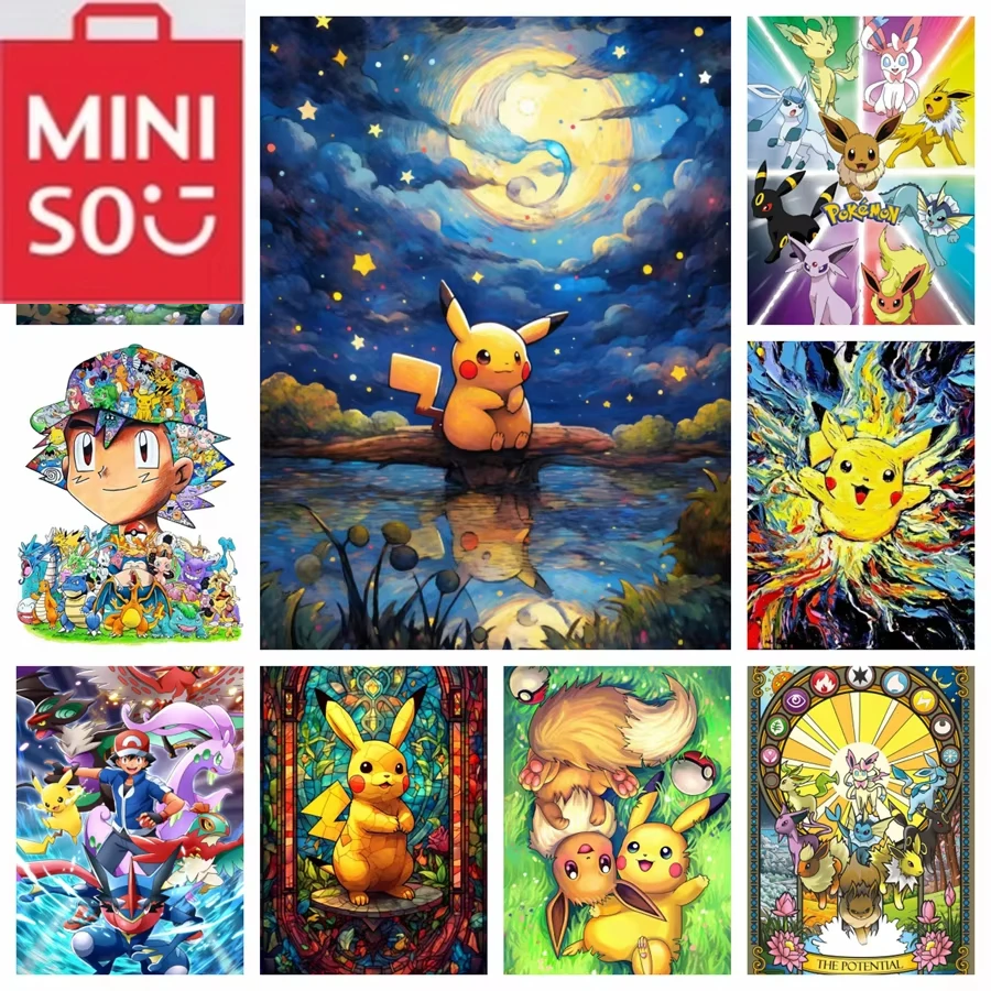 MINISO Pokemon Pikachu 5D DIY pintura de diamante lindo arte de dibujos animados mosaico redondo/cuadrado decoración del hogar regalo para niños
