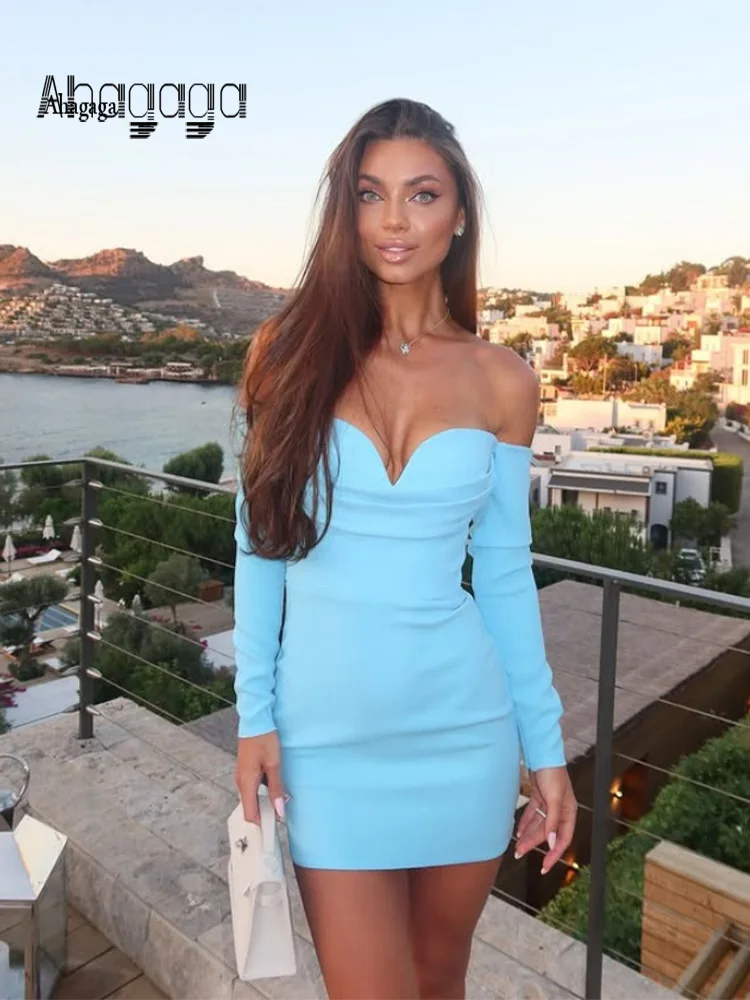 

Ahagaga Fashion Women's Mini Dresses Slash Neck Solid Regular Long Sleeves Sheath Slim Fit Sexy Club Bodycon Streetwear Vestidos