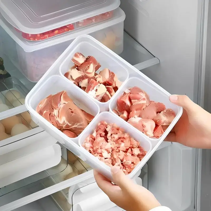 4 In 1 Refrigerator Crisper Box Transparent Food Storage M/L Size for Meat Snack Meal Prep Home Kitchen Use