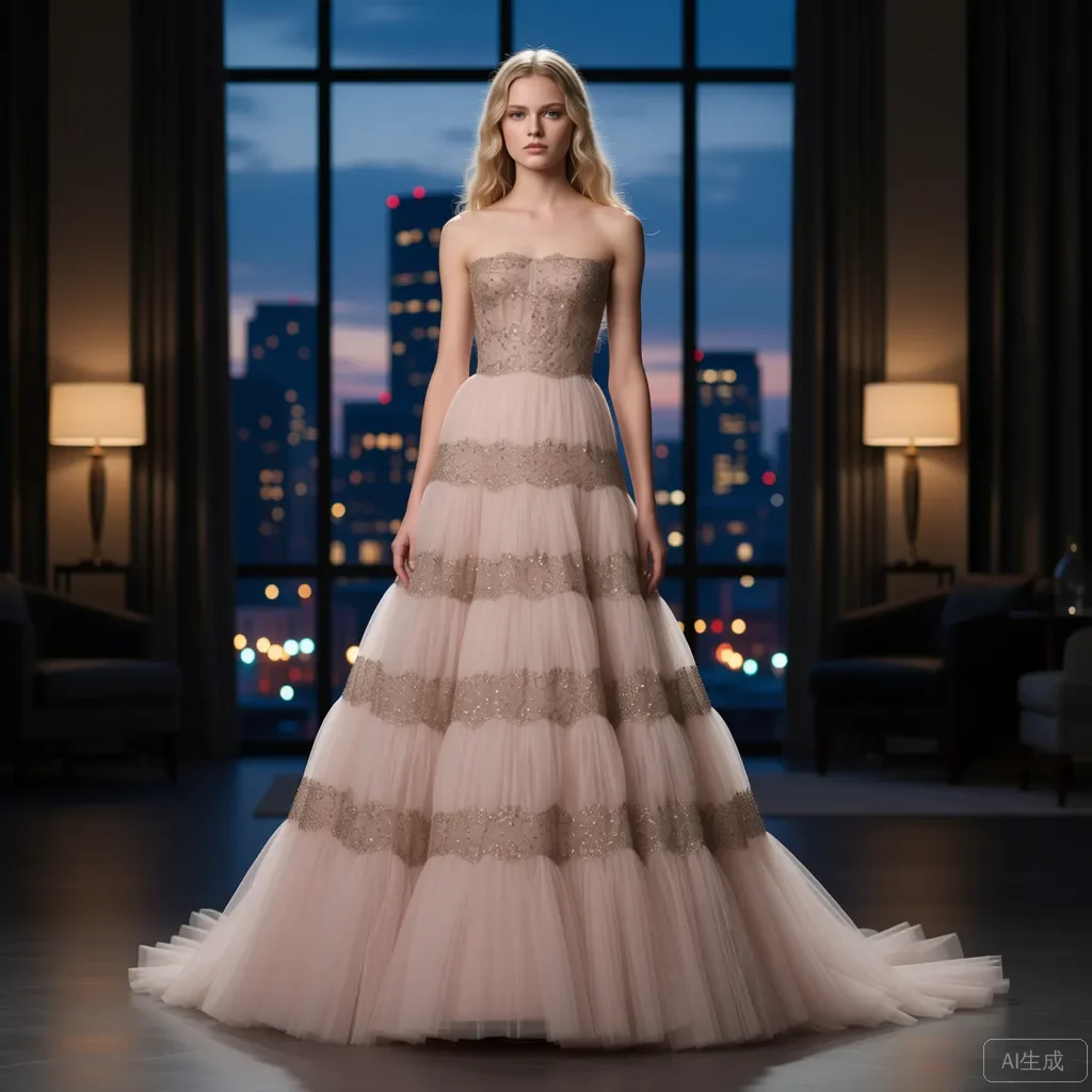 

Элегантное вечернее платье трапециевидной формы телесного цвета с розовыми пайетками цвета шампанского и с открытыми плечами, без бретелек, многоуровневое тюлевое платье с золотой отделкой