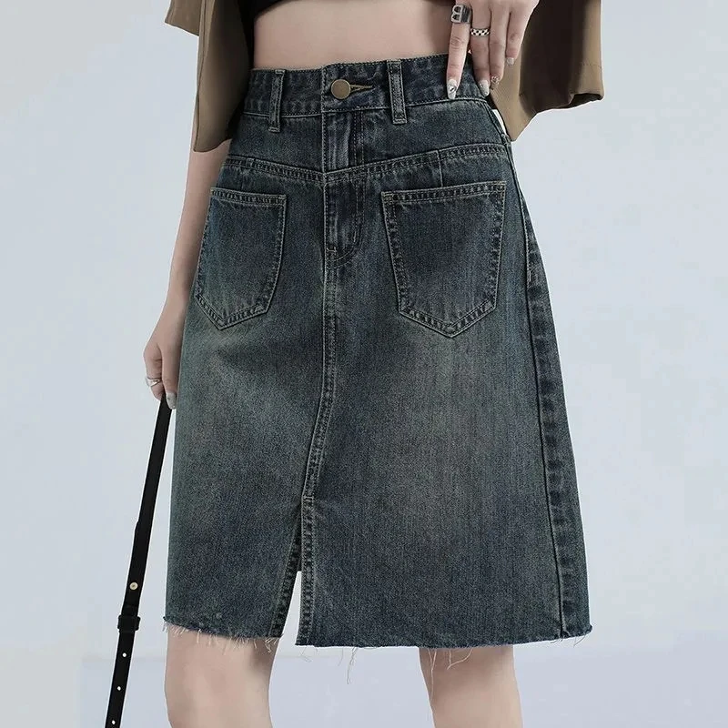 

2024 New Preppy Midi Denim Skirt, Women Clothing ,Casual High Waisted Split Short Jeans Skirts, Girls Mini Cowboy Skirt