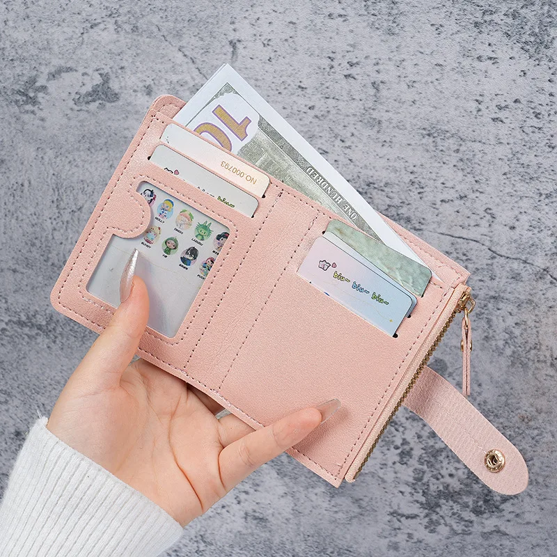 Solid Color Women's Wallet, Snap Button Spliced Short Purse with Zipper Coin Pocket, Ladies Card Holder