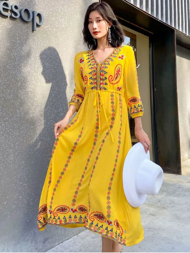 Jastie V-Neck Retro Folk Style Embroidery Dress Boho Hippie Tie Waist Casual Beach Long Holiday Dress Women Vestidos 2025 Spring