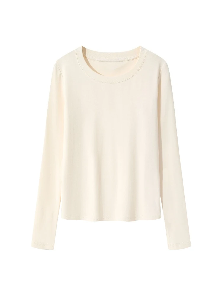 2026 Autumn Winter Women's T-Shirt Korean Minimalist O-Neck Long Sleeve Tee Solid Soft Slim Fit Casual Layering Inner Wear Tops