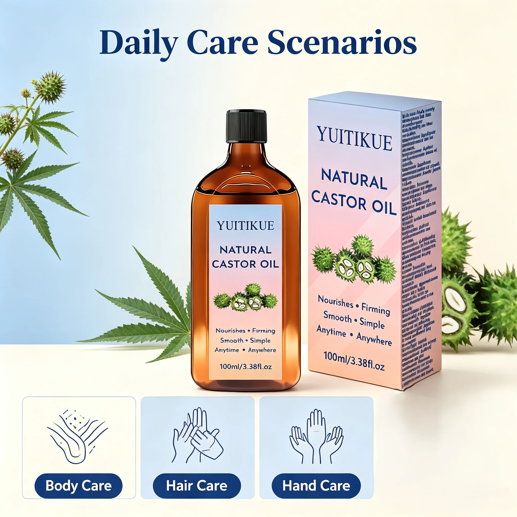 YUITIKUE 100ml Natural Castor Oil Moisturizing Nourish Hair & Skin Firming Smooth Care Oil For Daily Body Hair Treatment