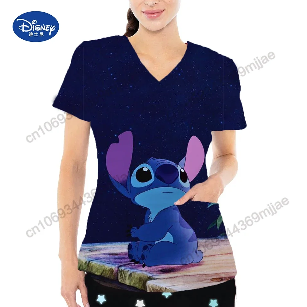 

2024 New Summer Disney Cartoon Printed Women's Top Double Pocket V-neck Short Sleeve Women's T-shirt Casual Nurse Uniform