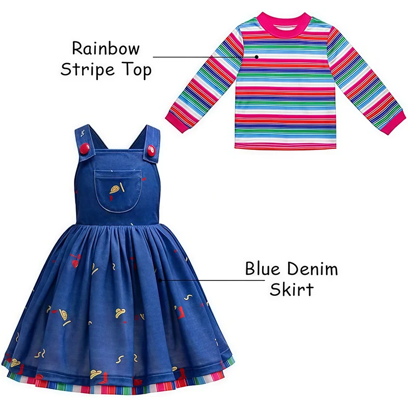 여자 할로윈 킬러 의상 어린이를위한 드레스와 무지개 줄무늬 셔츠 공포 Chucky 코스프레 테마 파티 카니발 복장