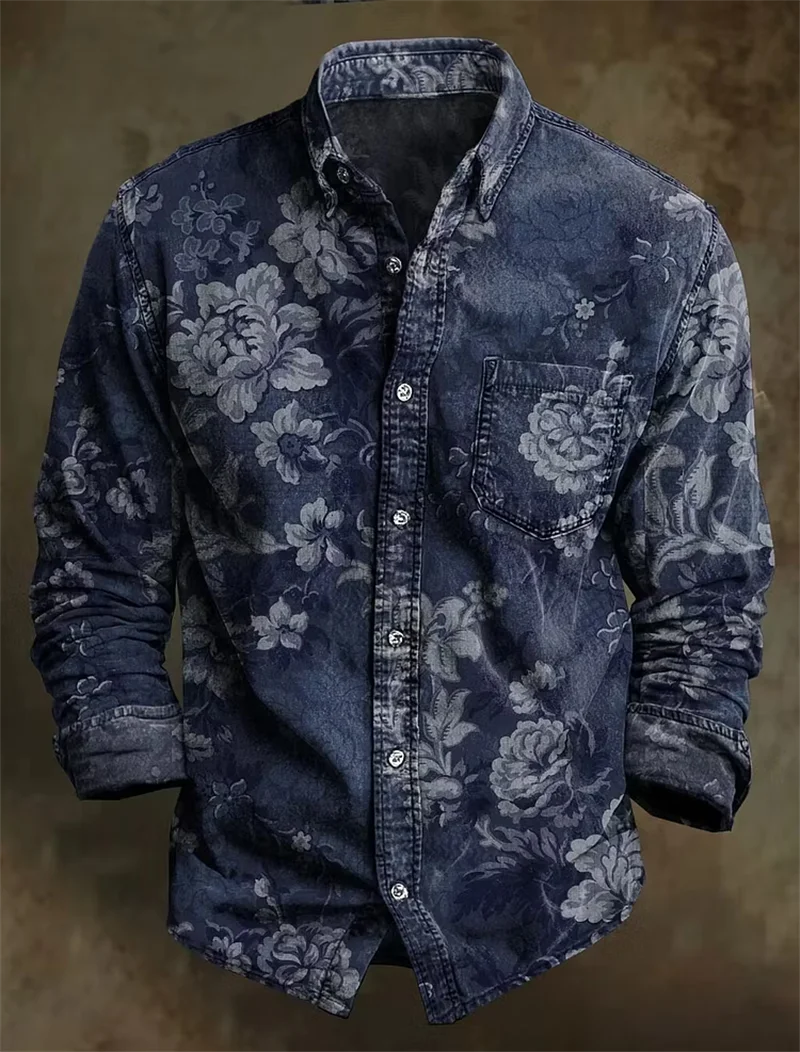 New retro blue dyed cherry blossom 3D printed men's long sleeved shirt, vintage casual shirt clothing