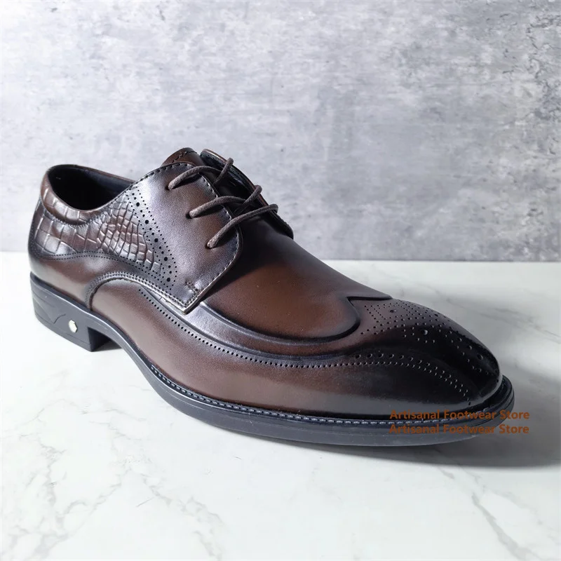 

Brown Gradient Brogue Derby Shoes Croc-Textured Business Dress Footwear Brogue Oxfords Lace-Up Formal Office Shoes Men's Shoes