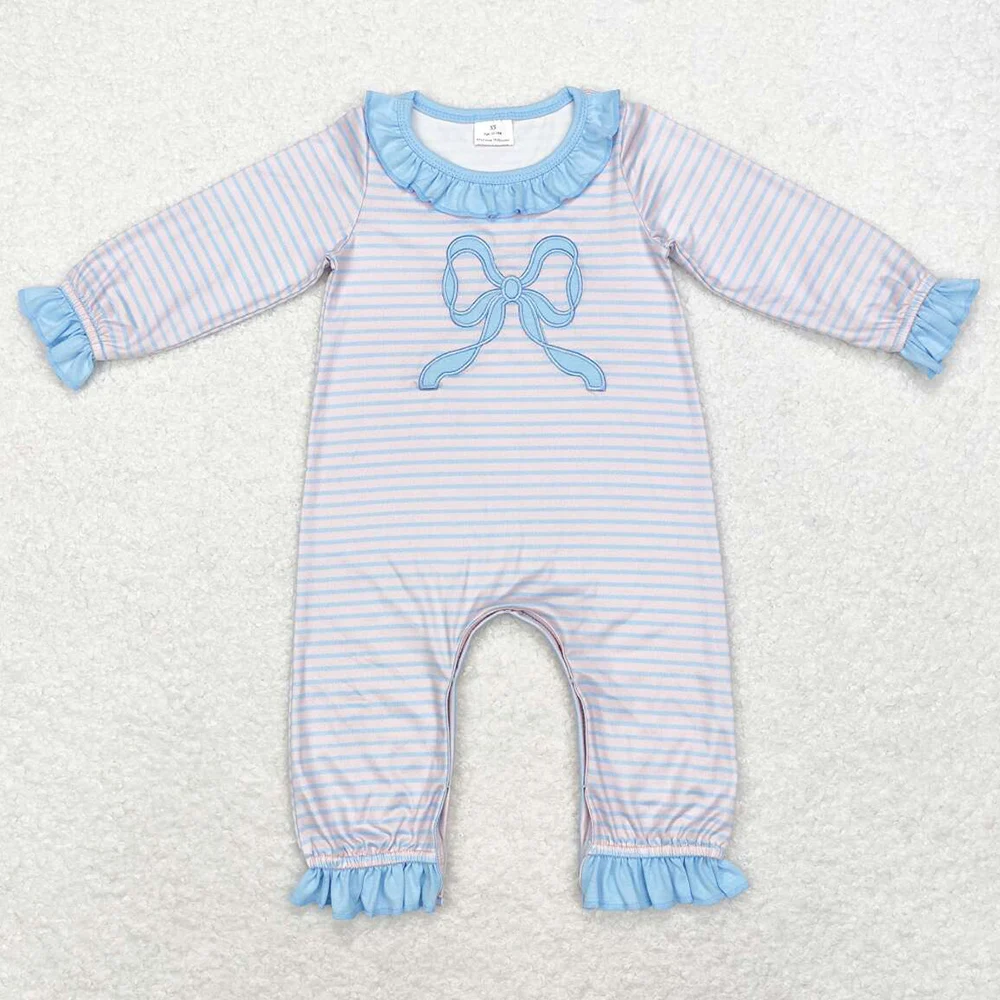 Boutique Baby Infant Girls Rompers Blue Stripes Bow Long Sleeve Rompers Kids Clothes Toddler Girls Onesie Rompers Jumpsuits New