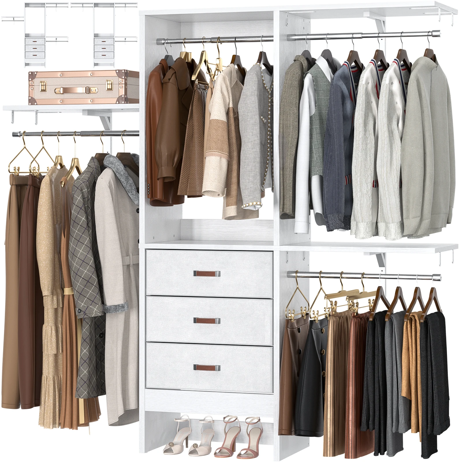 Petit système de placard de 5 pieds avec 3 tiroirs en tissu, système d'organisation de placard de 60