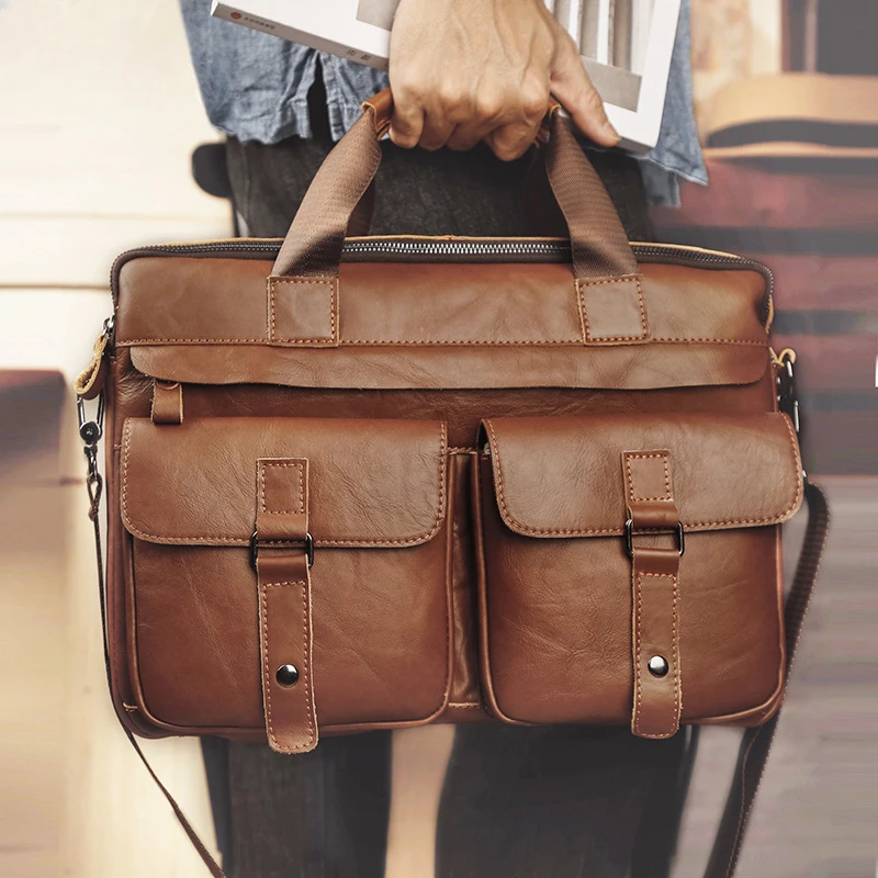 Sac à bandoulière en cuir véritable pour hommes, sac à main d'ordinateur, sac à main d'affaires, étui à bombes, grand espace de rangement, vintage, lancé, noir, nouveau