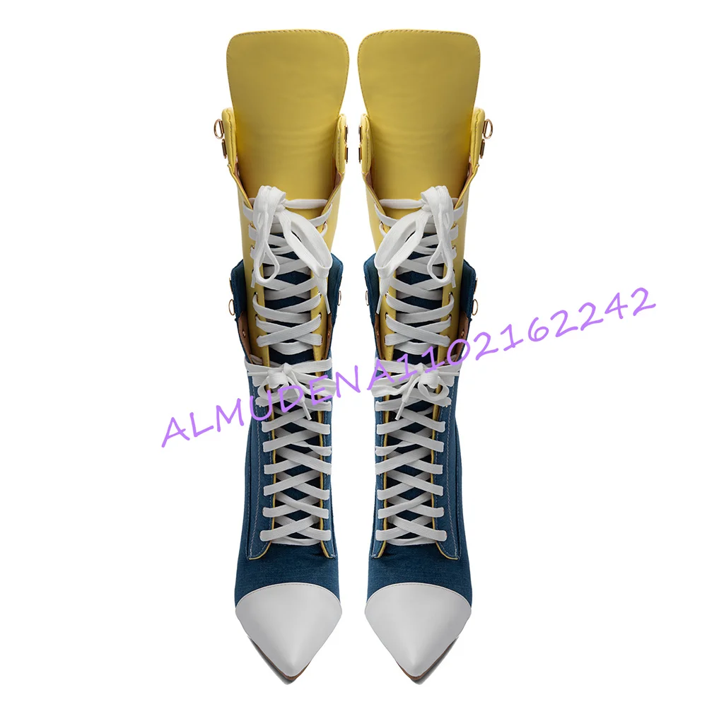 Women Denim Patchwork Knee High Boots Pointed Toe Lace Up Thin Stiletto Heel Fold Yellow Cuff Side Zipper Street Tall Booties view 3