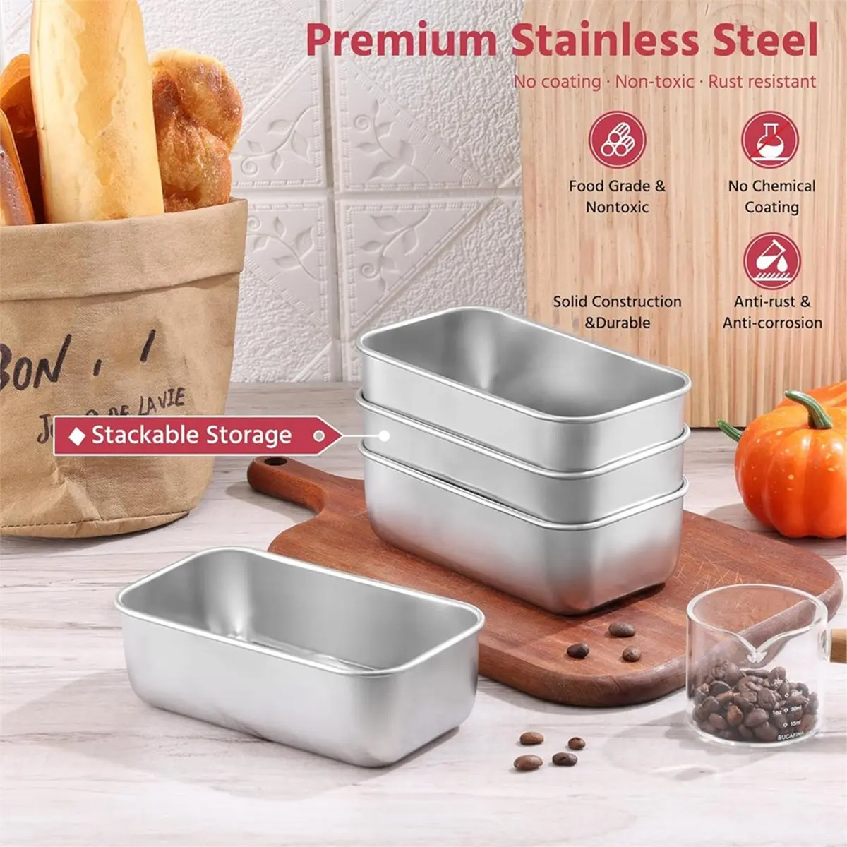 AIMA Loaf Bread Pan Set of 6, Stainless Steel Loaf Pan, Metal Rectangle Bakeware for Baking Homemade Bread Cake