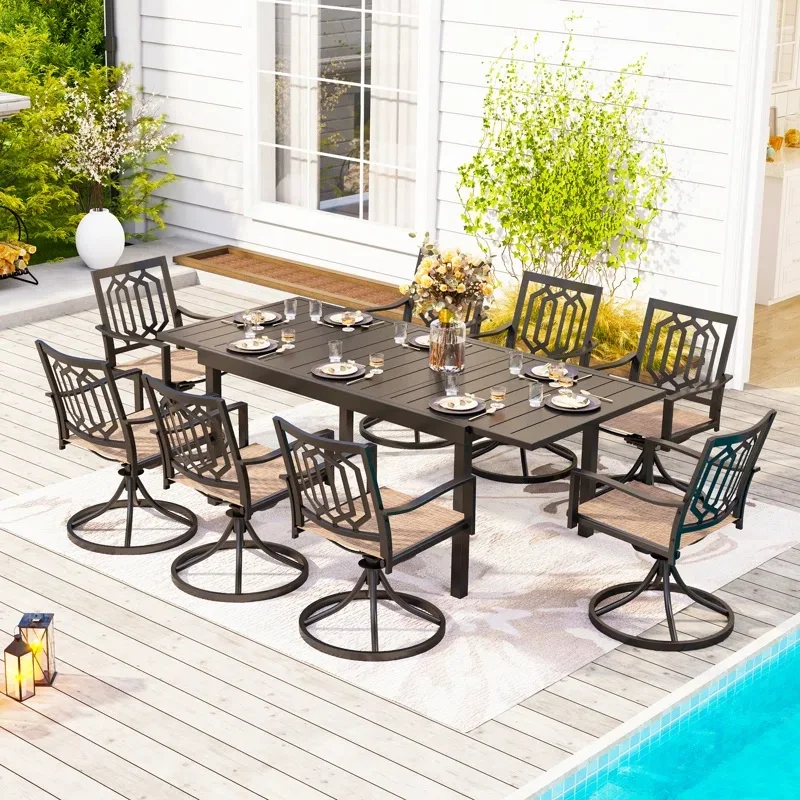 High Quality Heat Transfer Print Iron Patio Extendable Dining Table Outdoor Dining Set with Swivel Chairs