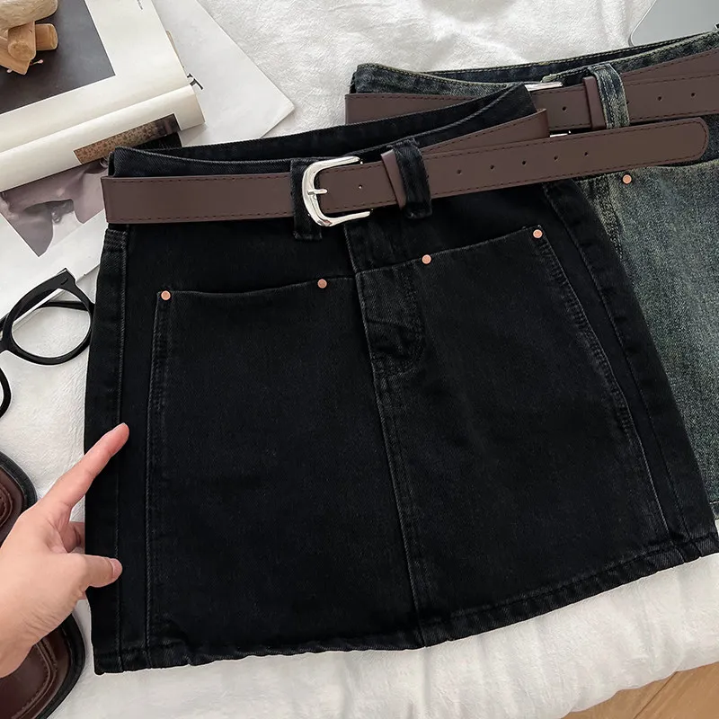 Summer Women's Retro Denim Half Skirt High Waist Slim Fit Hip Package Skirts Anti Glare Short Skirt with Belt 2026 New