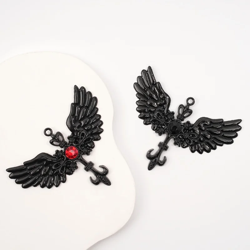 1Pc Gothic Black angel Wing Anchor Strap with Red and Black Rhinestone Pendant Necklace Jewelry Making DIY Accessories