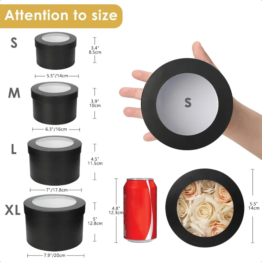 Scatole per fiori per composizioni Scatole regalo rotonde per nidificazione con coperchi trasparenti Scatole rotonde nere per fiori Set di 4 dimensioni assortite Fl