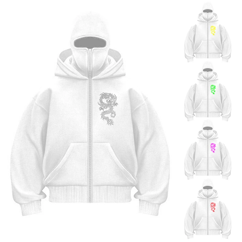 Retro Fashion Zipper Hoodie Dragon Pattern Printing Double Hat Design Long Sleeve Sweatshirt Oversized Gothic Women Y2k Clothes﻿
