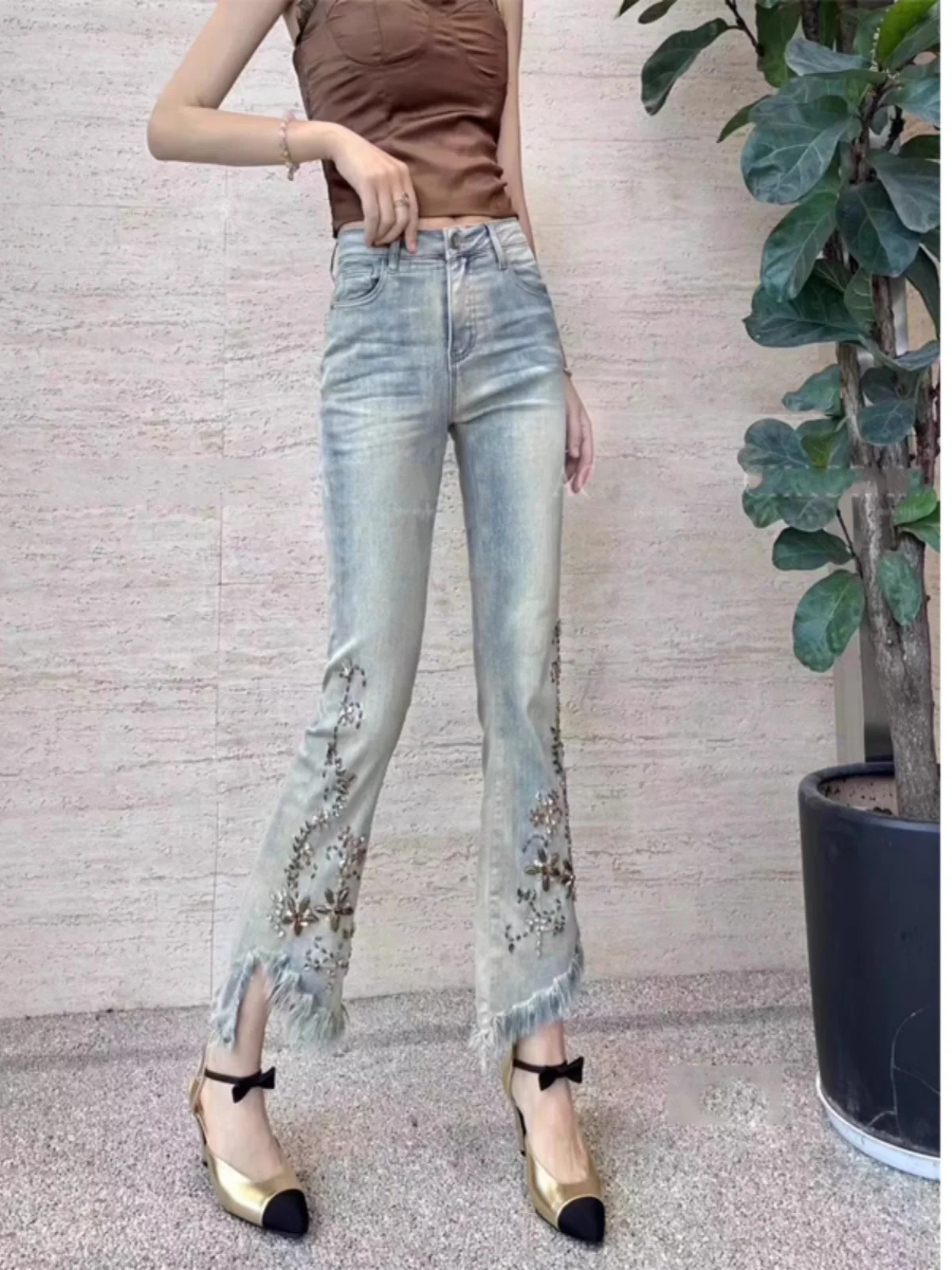 

Spring New Style Slim Fit Denim Bell Bottom Pants Embroidered Beaded High Waist Antimicrobial Casual Nine Pockets Zipper Summer