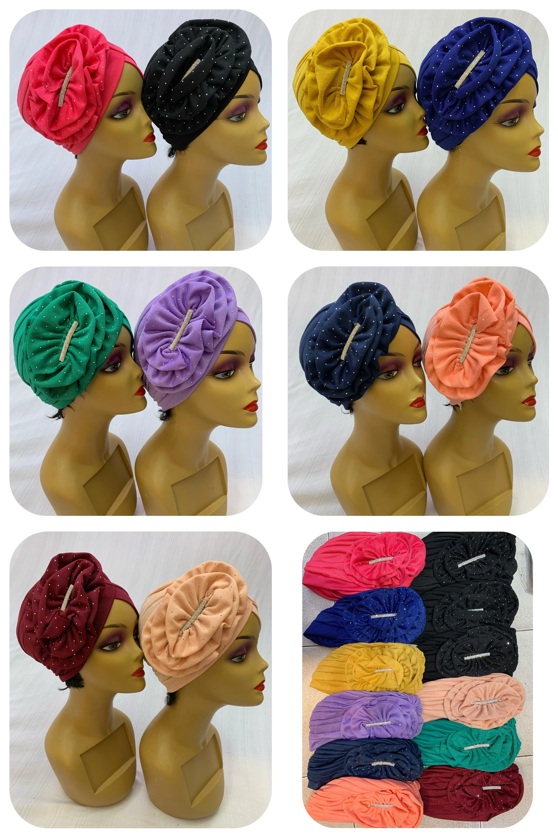 

Beautiful Muslim Women Headscarf Fabric Applique Headwear Solid Indian Bean Hair Hat Lady Hat African Bonnet Hat