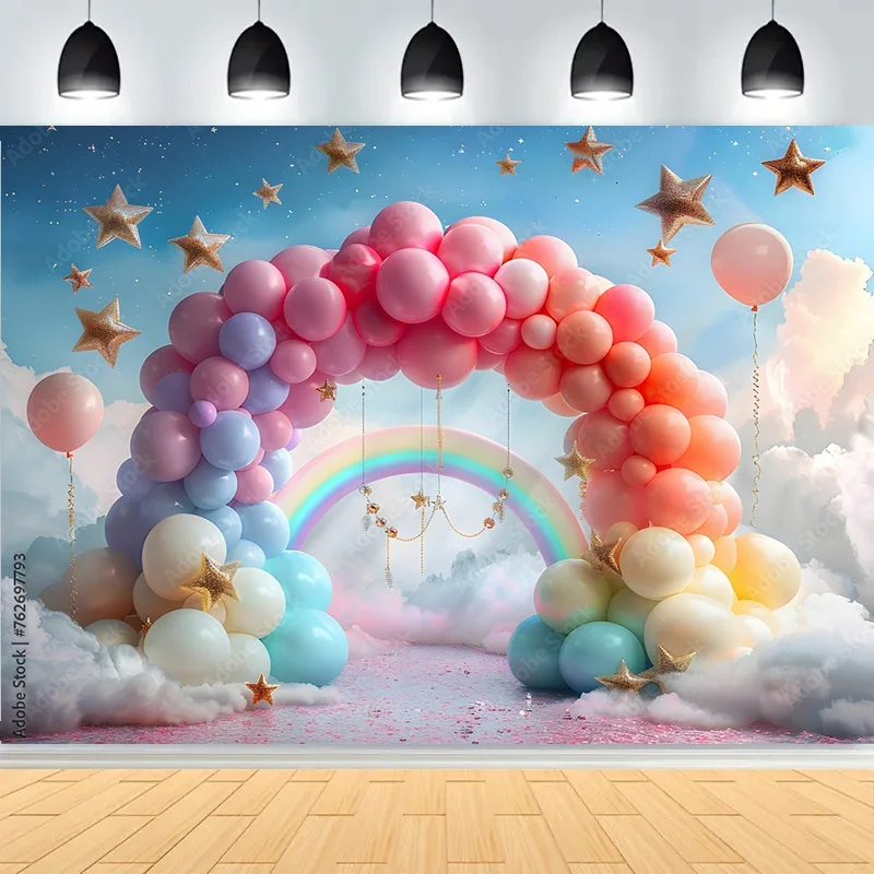 

Soft-hued Balloon Garland With Moon And Stars Photography Backdrops First Birthday Party Decor Photo Studio Background FW-02