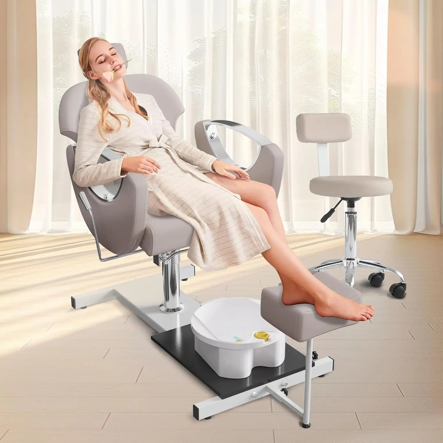 Station No Plumbing, Hydraulic Pedicure Chair for Nail Tech, Height Adjustable Reclining Pedicure Station Unit, 360 Deg