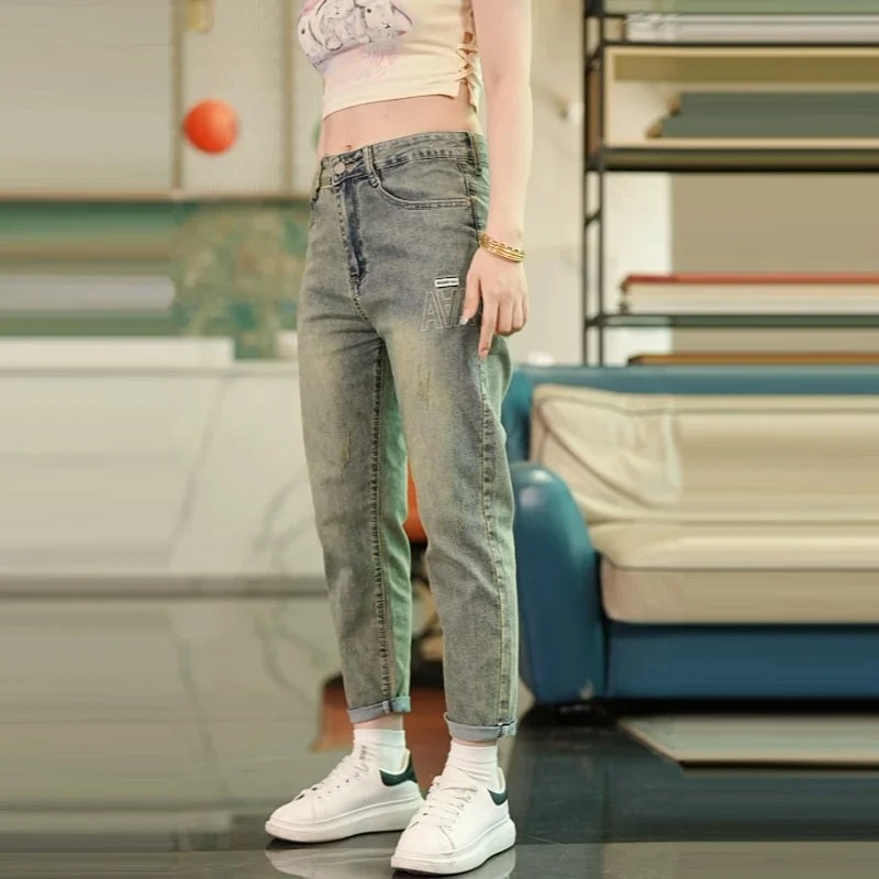 Waed Denim Calças masculinas de 9 peças American Retro Mud Color Casual Faionable Loose Fit Algodão Jeans de perna reta