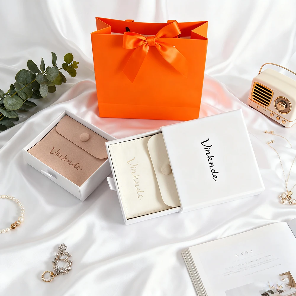 

Custom Logo 7x9x2.5cm Paper Jewelry Box Drawer Jewellry Gift Boxes Earrings Packing Necklace Ring Case With Microfiber Snap Bag