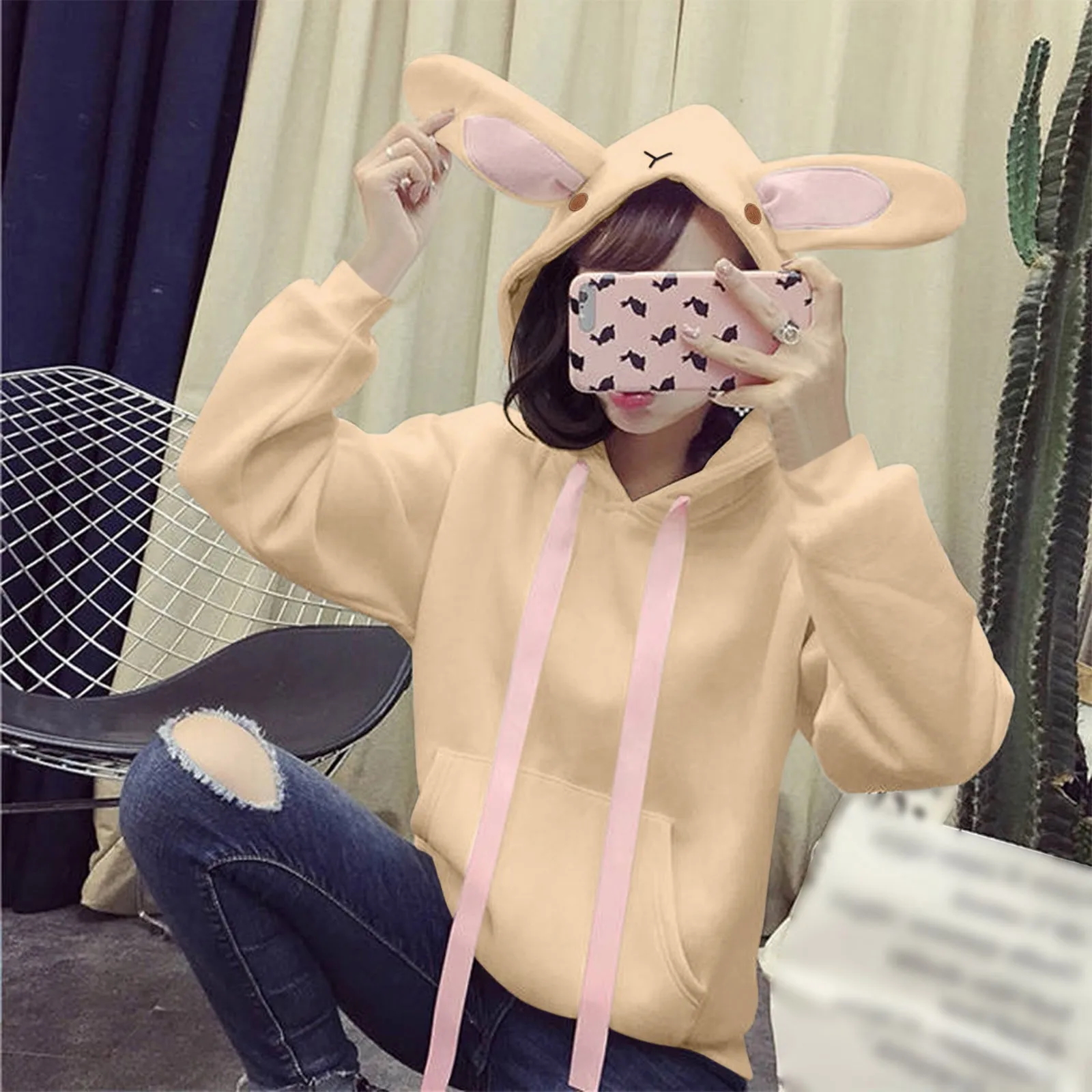 

Women'S Autumn Sweet Hoodies Fashion Cute Rabbit Ears Hooded Pullovers Long Sleeve Loose Baggy Female Tops Plus Size Sweatshirt