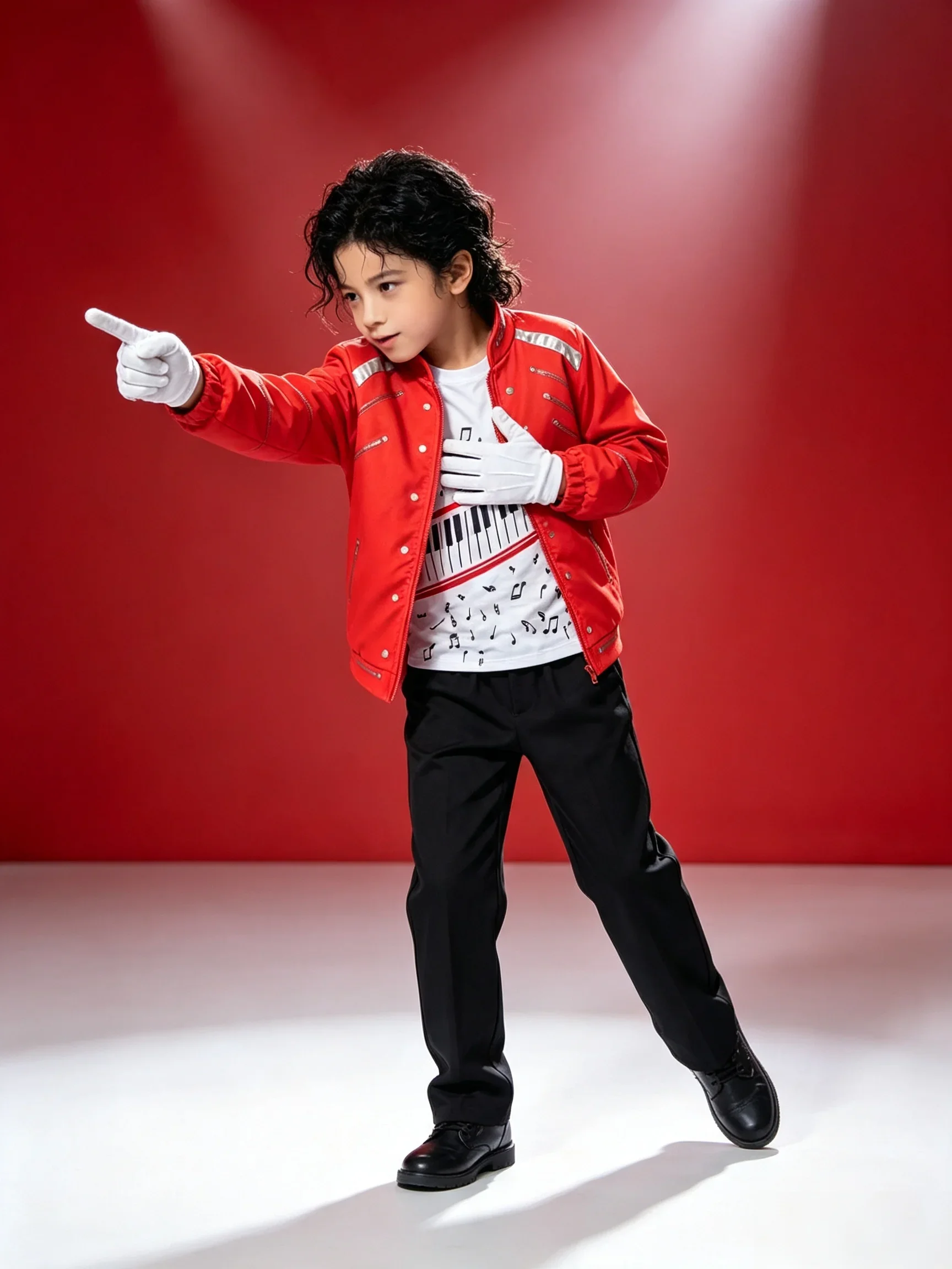Moonwalk Rote Jacke Kostüm-Set für Jungen, T-Shirt mit Klavier-Print, Schwarze Hose für Kinder, Bühnenshow, Halloween, Sänger-Cosplay-Outfit – Detail 5