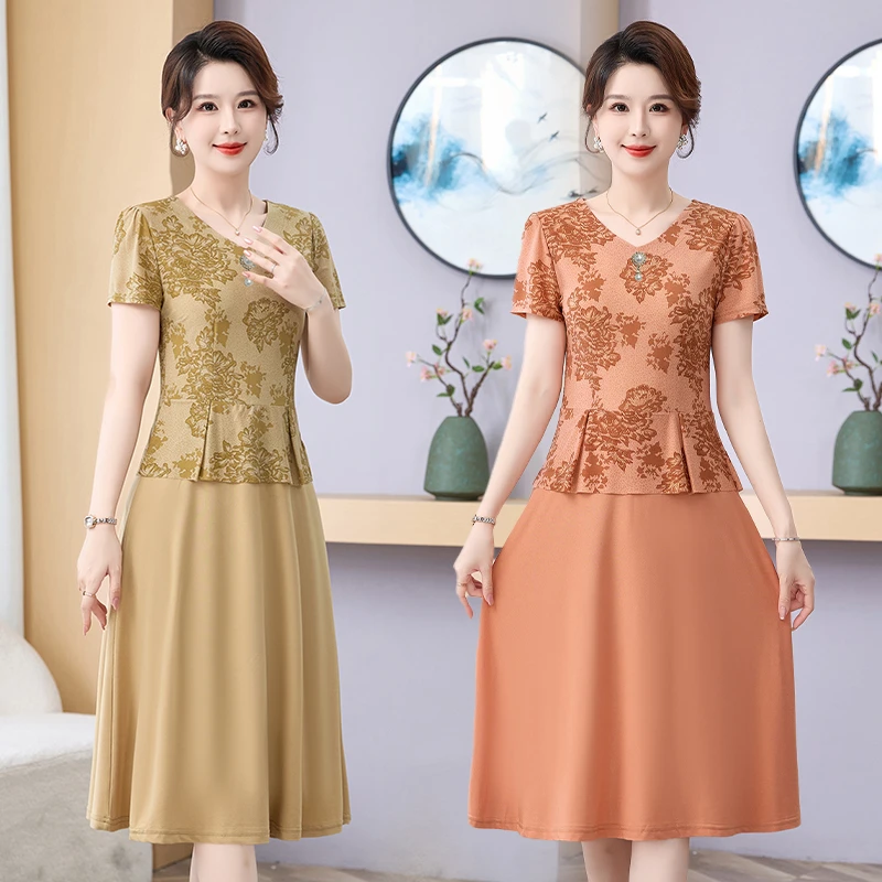 Frauen Blumen Kleid V-ausschnitt Kurzarm Spleißen Kleider Temperament Elegante Weibliche Sommer Chic Midi Robe