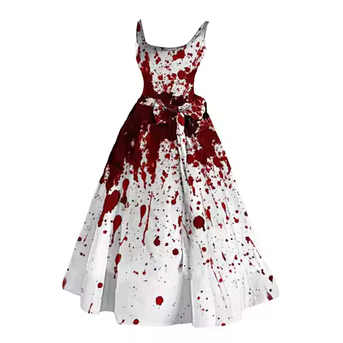 Halloween Costumes Gothic Bloody Print Dresses for Women Retro Sleeveless Cocktail Party Dress Housewife Evening A Line Dress