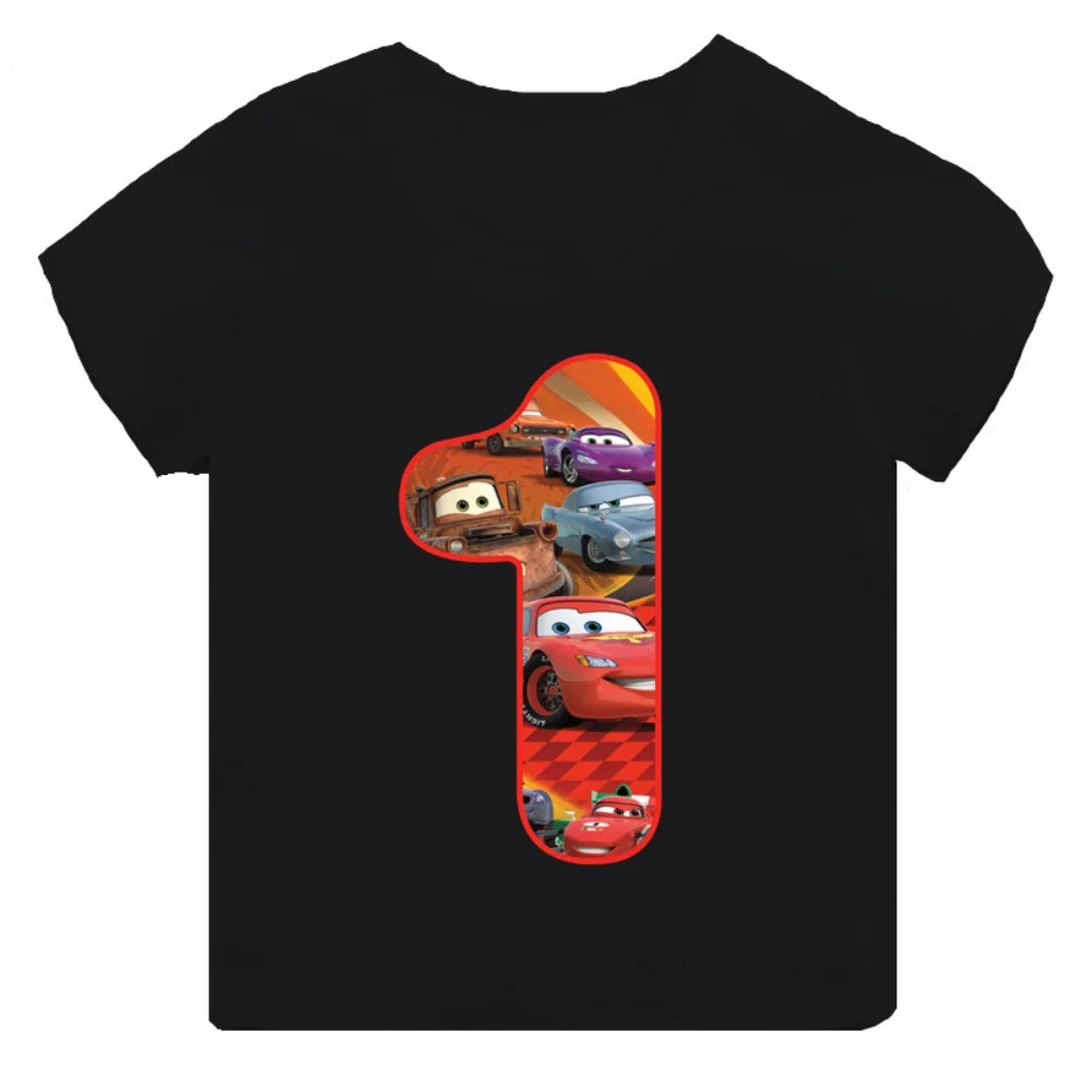 Car Pixar Lightning McQueen Number 1-9 Printed T-Shirt Solid Color Playful Short Sleeve Neat Cotton Top Uniquely Designed Cloth