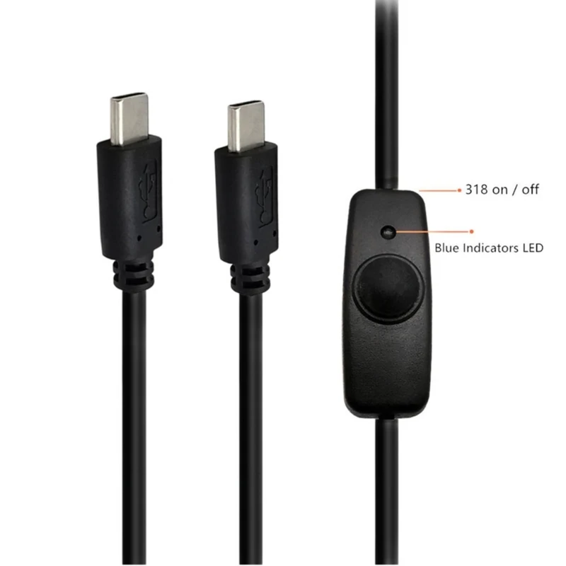 Jalur Kabel Pengisi Daya USB C Ujung Jantan Ganda dengan Tombol Pengalih & Lampu Indikator