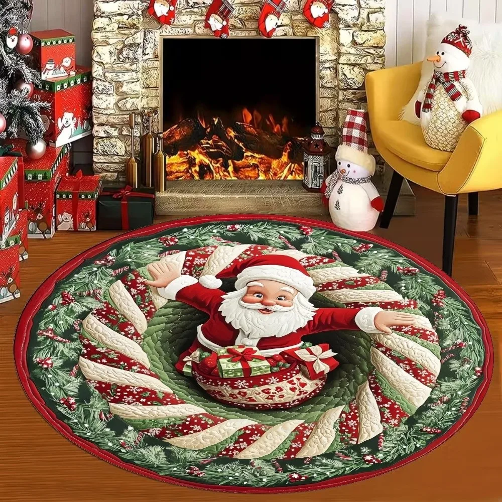 80cm 31.5in 3D Illusion Rug 2D Flat Printed Santa Claus Round Vortex Carpet Non-Slip Floor Mat Christmas Doormat Outdoor