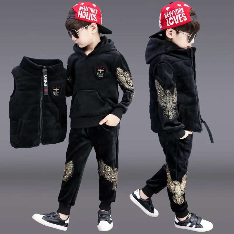 Boys Suits Vest+Sweatshirts +Pants 3PCS/Sets 2023 Cartoon Warm Thicken Winter Autumn Plus Size Children Clothing