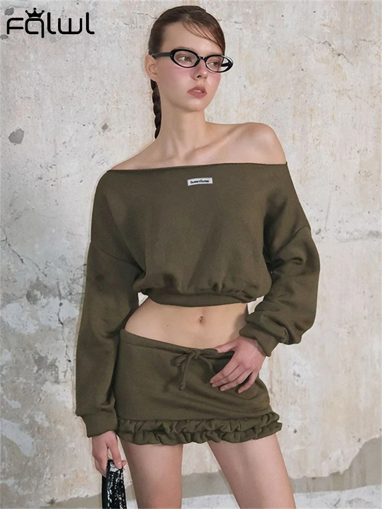 Habbris Autumn Streetwear Trendy 2 Pieces Set Party Club Outfits For Women 2024Off Shoulder Y2k Crop Tops And Skirt Matching Set