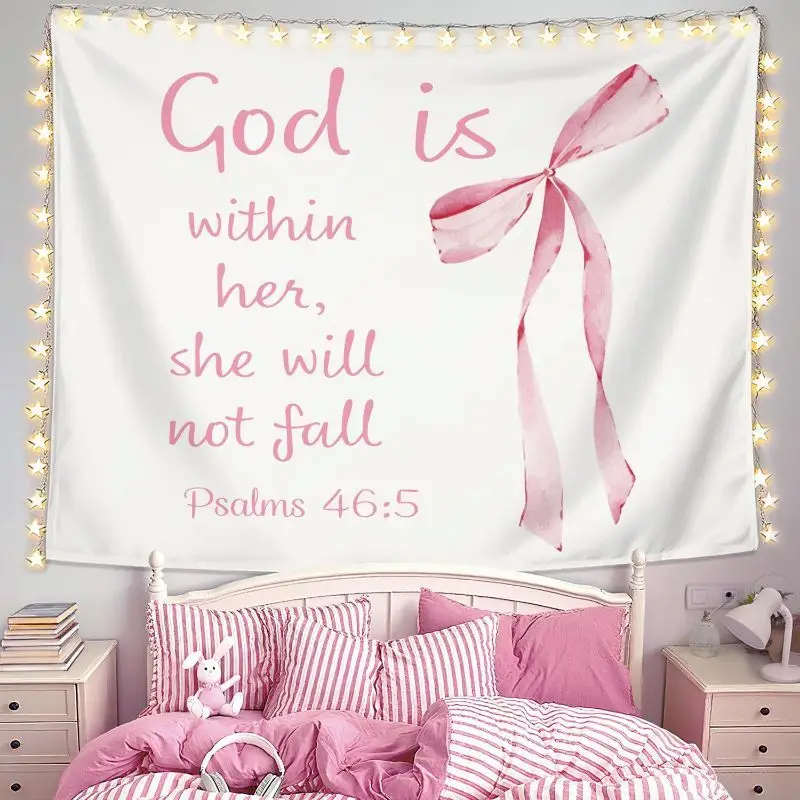 VIKAMA Light Pink Bow Inspirational Text Tapestry Wall Hanging Aesthetic Girl Bedroom Nursery Home Decor Cloth